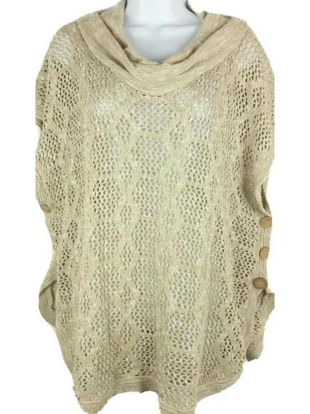 Y2k Contemporary Beige Poncho Sweater Shawl Tunic CJ Banks Open Crochet Size 1X